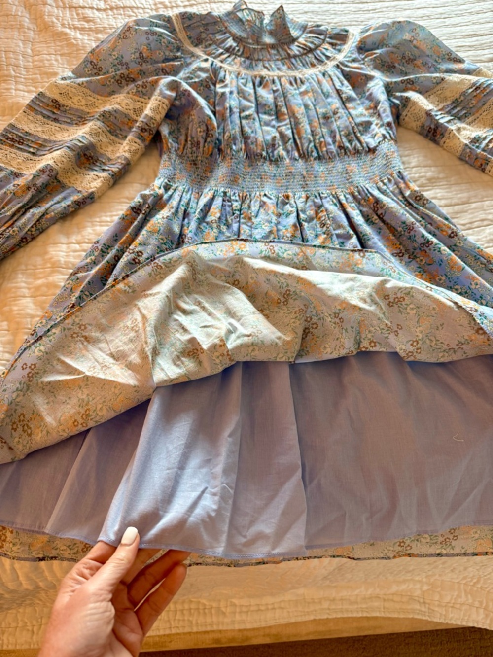 HUNTER BELL Ryan Dress Ditsy Blue Floral, High Neck Smocked - Picture 7 of 7
